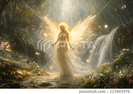 Praying angel with golden wings 123903976