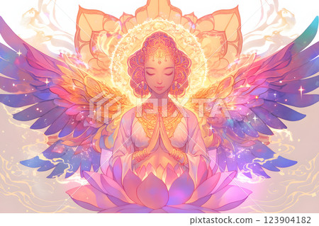 佛陀在蓮花上冥想的奇妙精神世界 123904182