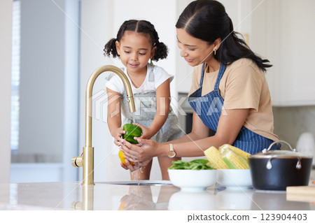 Kitchen, mother and child washing vegetable to cook dinner, lunch or breakfast together at house. Happiness, bonding and mom cleaning a green pepper before cooking food with girl kid in family home. 123904403
