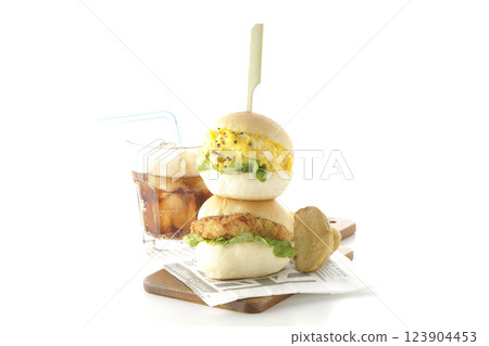 Egg and croquette mini hamburger with fries and cola photographed on white background Egg and croquette mini hamburger with fries and cola photographed on white background 123904453