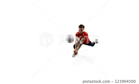 Dynamic image of determined athlete, male volleyball player preparing for the match, training against white background 123904500