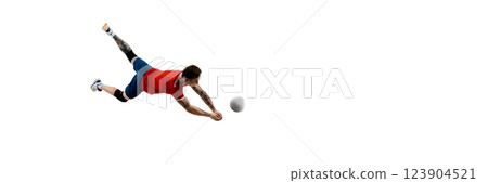Young man, volleyball player in motion during game, raining against white studio background Young man, volleyball player in motion during game, raining against white studio background 123904521