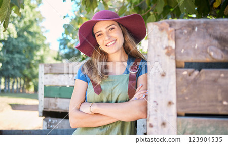 Countryside, trees and farmer woman with sustainability, healthy and agriculture lifestyle in food production industry. Supplier, business owner or seller commercial portrait in apple farming harvest Countryside, trees and farmer woman with sustainability, healthy and agriculture lifestyle in food production industry. Supplier, business owner or seller commercial portrait in apple farming harvest 123904535