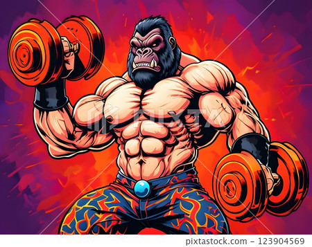 A strong ape training with dumbbells. Perfect for fitness, sports, and animal-themed designs. 123904569