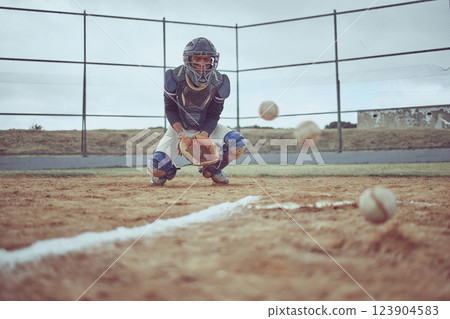 Baseball, baseball player and ball catch on field during training, competition or match. Sports, fitness and man from India practicing with balls and glove outdoors on baseball field for exercise. Baseball, baseball player and ball catch on field during training, competition or match. Sports, fitness and man from India practicing with balls and glove outdoors on baseball field for exercise. 123904583