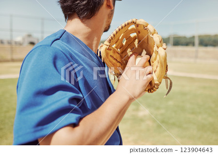 Baseball, sports and man pitching during a game, training and professional event on a field. Back of athlete ready to throw a ball with a glove during an outdoor competition, fitness or cardio Baseball, sports and man pitching during a game, training and professional event on a field. Back of athlete ready to throw a ball with a glove during an outdoor competition, fitness or cardio 123904643