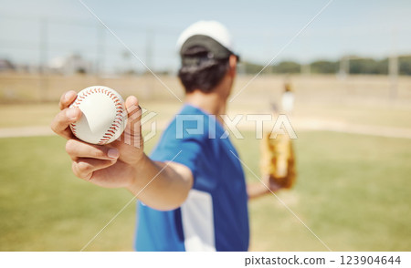 Baseball, pitcher training and baseball player workout on field outdoors. Athlete man fitness motivation, professional sports health and wellness exercise with ball or getting ready for softball game Baseball, pitcher training and baseball player workout on field outdoors. Athlete man fitness motivation, professional sports health and wellness exercise with ball or getting ready for softball game 123904644