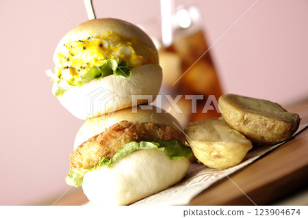 Egg and croquette mini hamburger with fries and cola 123904674
