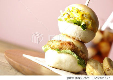 Egg and croquette mini hamburger with fries and cola 123904676