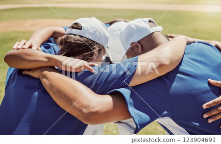 Baseball, game and team with support on a field during sports collaboration together. Motivation, strategy and solidarity with teamwork for a sport goal during a professional event or competition 123904691