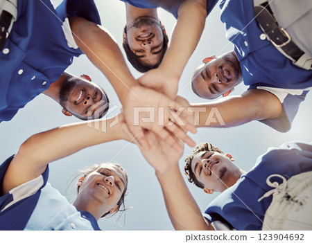 Support, motivation and hands of team of baseball people from bottom for sports, training and goals. Collaboration, growth and mission with athlete against blue sky for happy, health and fitness 123904692