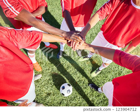Soccer, team and hand in stack on field for motivation, support and teamwork at game, contest or match. Football, group and soccer player on pitch together with hands for goal, success and sports 123904712