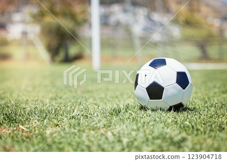 Soccer, sports and a ball on an empty pitch or field for fitness, exercise or training with a wellness lifestyle of health. Football, workout and game with sport equipment on the ground for a match Soccer, sports and a ball on an empty pitch or field for fitness, exercise or training with a wellness lifestyle of health. Football, workout and game with sport equipment on the ground for a match 123904718