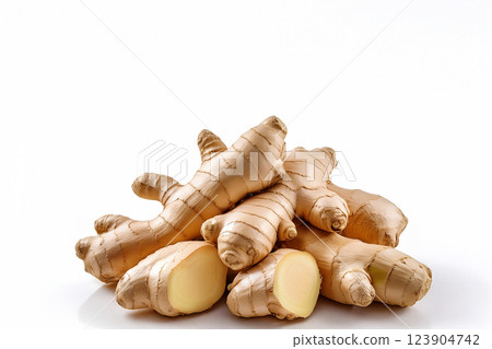 白色背景下的一堆薑 123904742