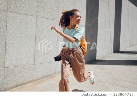 Woman, travel and city with backpack, running and street for holiday, vacation or traveling. Black woman, tourist and outdoor in urban, metro or town in summer, sunshine and smile in Cape Town Woman, travel and city with backpack, running and street for holiday, vacation or traveling. Black woman, tourist and outdoor in urban, metro or town in summer, sunshine and smile in Cape Town 123904755