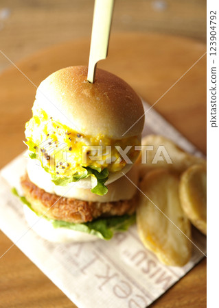 Mini hamburger with egg and croquette and fries Mini hamburger with egg and croquette and fries 123904792