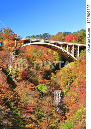 [Miyagi Prefecture] Autumn leaves at Naruko Gorge on a clear day 123904805