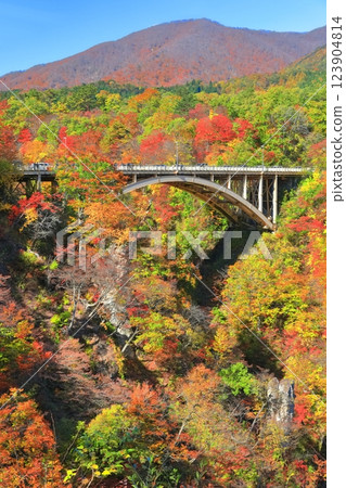[Miyagi Prefecture] Autumn leaves at Naruko Gorge on a clear day 123904814