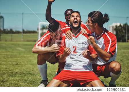 Success, happy team or winner for soccer player celebration during match at soccer field, stadium or sport workout. Teamwork, achievement or friends for fitness goal, wellness or football exercise. Success, happy team or winner for soccer player celebration during match at soccer field, stadium or sport workout. Teamwork, achievement or friends for fitness goal, wellness or football exercise. 123904881