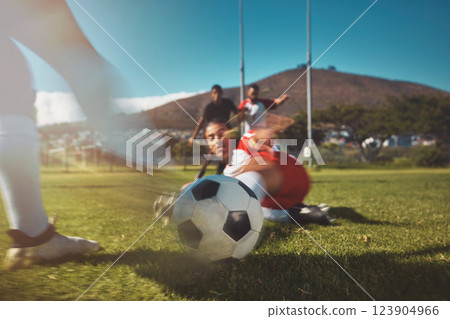 Soccer, ball and slide challenge in game with men team on a grass field with sport man together. Football, fitness and sports people with strong, fast and competition during exercise or training 123904966