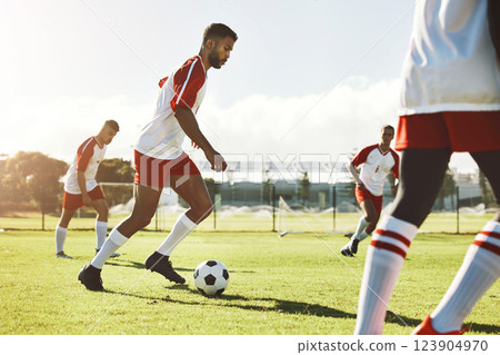 Team sports game, soccer and teamwork of men busy with football collaboration and workout. Fitness, training and healthy exercise of a healthy athlete ground with fast energy running with a ball 123904970