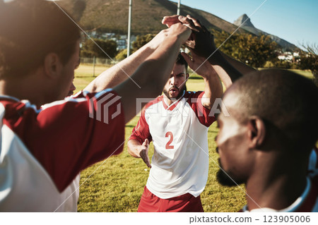 Men, soccer and team hands in collaboration, support and trust before a match or competition. Diversity, community and football group with motivation, support and teamwork for sports game on a field 123905006