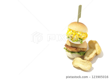 Egg and croquette mini hamburger and fries photographed on white background 123905016