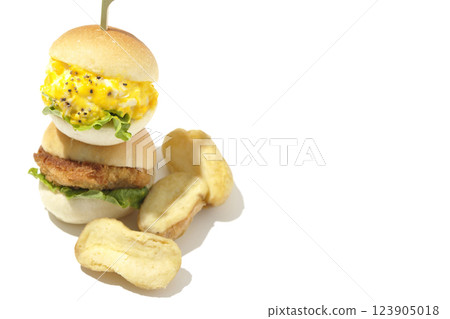 Egg and croquette mini hamburger and fries photographed on white background 123905018