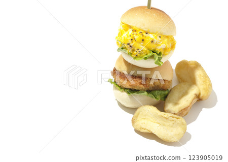 Egg and croquette mini hamburger and fries photographed on white background 123905019