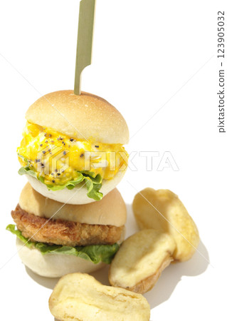 Egg and croquette mini hamburger and fries photographed on white background 123905032