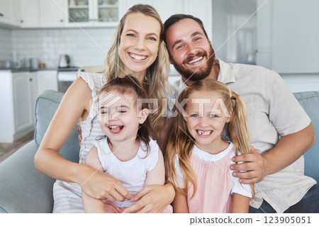 Love, big family and portrait smile on sofa relax in happiness for bonding and time together in home. Happy parents, couch and girl children care in comfort and relaxing on living room in house 123905051