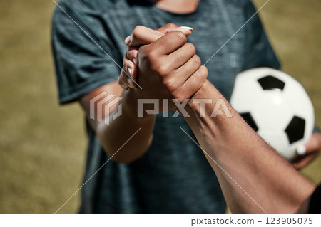 Soccer, football and team handshake on field before start of match, game or competition. Teamwork, collaboration and soccer players shaking hands before exercise, workout or training on grass field. Soccer, football and team handshake on field before start of match, game or competition. Teamwork, collaboration and soccer players shaking hands before exercise, workout or training on grass field. 123905075