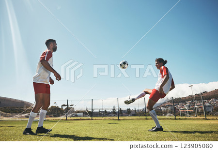 Soccer drill, kick and football workout with people ready for fitness, training and exercise on a field. Sports game, athlete men and fast energy of healthy, strong and cardio motivation exercising 123905080