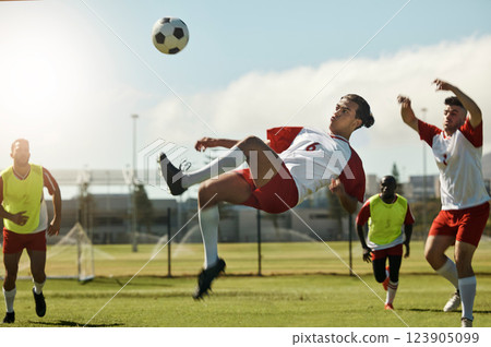 Soccer team, man and ball kick in air during football match, competition or training. Sports, fitness and soccer players on grass field together in practice game, exercise or workout outdoor on pitch Soccer team, man and ball kick in air during football match, competition or training. Sports, fitness and soccer players on grass field together in practice game, exercise or workout outdoor on pitch 123905099