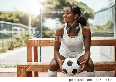 Sports, soccer and a woman on bench with ball in city park in Sao Paulo. Fitness, fun and a happy black woman in Brazil sitting, holding soccer ball and watching a game in summer sun with headphones Sports, soccer and a woman on bench with ball in city park in Sao Paulo. Fitness, fun and a happy black woman in Brazil sitting, holding soccer ball and watching a game in summer sun with headphones 123905100
