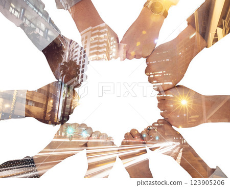 Fist bump, double exposure and corporate people for teamwork, city development and night innovation collaboration. Overlay of urban street lights with partnership, goal or support business hands sign 123905206