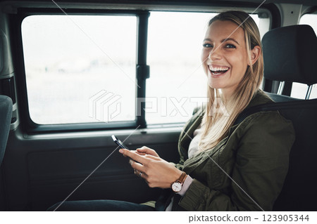 Woman, road trip and phone for location, gps and map of summer vacation holiday direction. Portrait, smile or happy tourist in car for adventure travel with 5g mobile technology for fun internet game 123905344