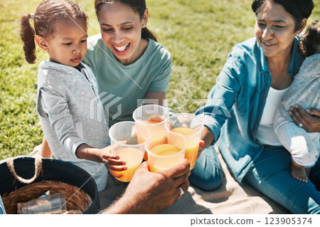 Picnic, park and happy family cheers with juice, bonding and enjoy fun quality time together. Mama love, happiness and freedom for relax grandma, mother and children drinking on nature grass field 123905374