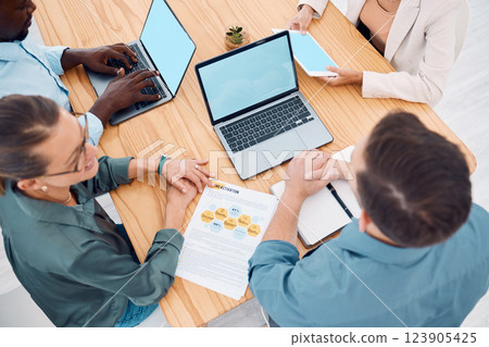 Laptop screen, mock up and business people in marketing, budget and finance meeting for strategy, planning and web design innovation. Corporate team on notebook and green screen for advertising above 123905425