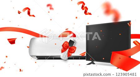 Air conditioner and tv with red bow and ribbon Air conditioner and tv with red bow and ribbon 123905481