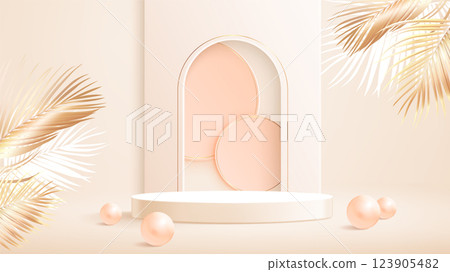 Beige 3d background with white podium 123905482