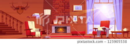 Cozy chalet living room with fireplace 123905538
