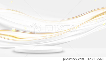 Gold flowing lines and white round podium Gold flowing lines and white round podium 123905560