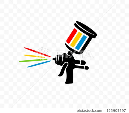 Hand holds paint sprayer or paint gun, spray gun with paint, graphic design. Painting, sprayer and airbrush, vector design and illustration 123905597