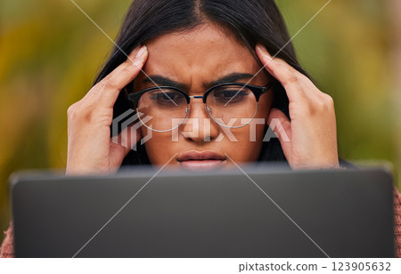 Work, stress and burnout, woman in glasses at computer reading spam email, glitch or 404 error. Girl from Mexico frustrated, work on tax compliance and doubt or problem on startup audit report online Work, stress and burnout, woman in glasses at computer reading spam email, glitch or 404 error. Girl from Mexico frustrated, work on tax compliance and doubt or problem on startup audit report online 123905632