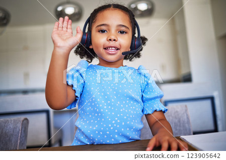 Elearning, headset and girl child doing an online class waving to greet on an internet video call. Happy, communication and portrait of a kid with distance learning for education with headphones. Elearning, headset and girl child doing an online class waving to greet on an internet video call. Happy, communication and portrait of a kid with distance learning for education with headphones. 123905642