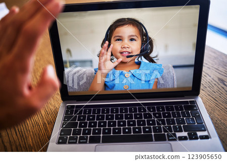 Girl, laptop and education with a child student on a video call for learning, growth or development while e-learning. Girl, laptop and education with a child student on a video call for learning, growth or development while e-learning. 123905650