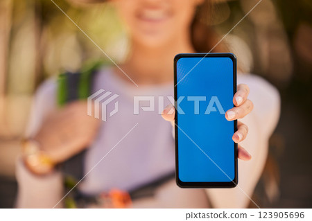 Phone, green screen and mock up of woman hiking in woods on 5g mobile app, location search or digital marketing. Adventure trekking girl with smartphone mockup screen, background and website branding Phone, green screen and mock up of woman hiking in woods on 5g mobile app, location search or digital marketing. Adventure trekking girl with smartphone mockup screen, background and website branding 123905696