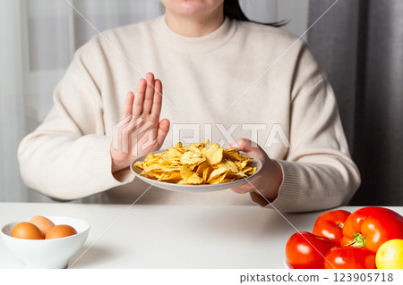 Closeup of woman making stop sign to refuse fried chips for dieting and healthy eating. Vegetable plate. Weight loss concept. Closeup of woman making stop sign to refuse fried chips for dieting and healthy eating. Vegetable plate. Weight loss concept. 123905718