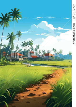 little village in the jungle landscape illustration 123905775